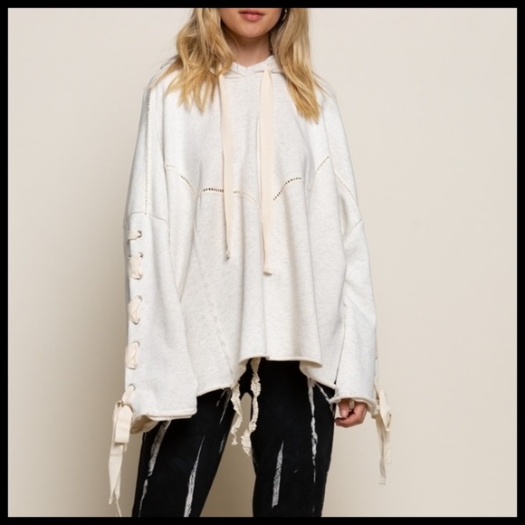 POL “Urban Chic” French Terry Hoodie Top Criss Cross Laces Down Sleeves Raw Hem - Picture 14 of 16